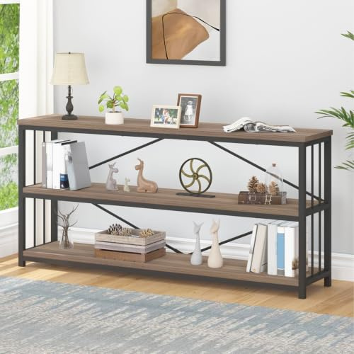 IBF Industrielles Bücherregal mit 3 Ebenen, rustikales niedriges Holz und Metall, Bücherregal, Bauernhaus, lang, breit, offen, horizontal, modern, groß, Vintage-Etagere für Zuhause, Büro,