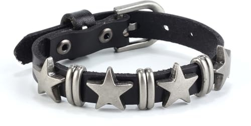 Dmaiy Punk Leather Bracelets Star Studded Bracelet Gothic Rock Bracelets Black Adjustable Cuff Wristband for Women and Men (Black star)