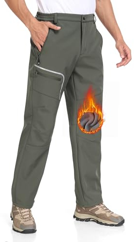 MoFiz Hombre Pantalones de Esquí Senderismo Softshell Termicos Forro Polar Invierno Snowboard Pantalón de Montaña Trekking con Múltiples Bolsillos B- Verde Militar EU XXL