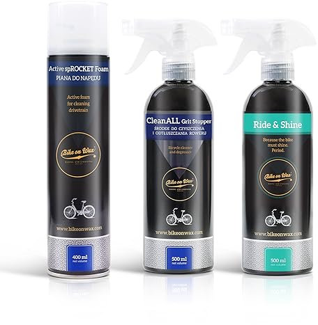 BIKE on Wax Shining Ride Bundle, spROCKET Foam, Ride & Shine, CleanALL Grit Stopper, Fahrradreiniger, Reinigungsschaum, Entfetter und Polierspray, Entfernt starken Schmutz, Tiefenreinigung