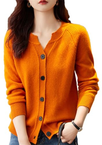 Pohullan Cárdigan de punto de lana merino para mujer, cuello redondo, suéter de cachemira, abrigo suelto, chaqueta superior con cuello en V, naranja, M