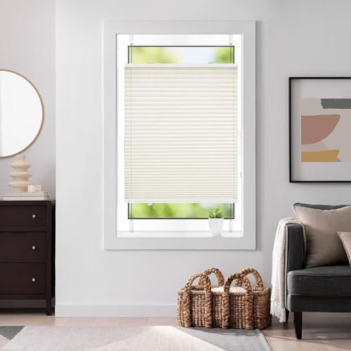 Faltrollo Klemmfix 35 x 90 cm Einfache Montage, Pflegeleicht Plissee Faltrollo inkl. Zubehör für Schlafzimmer, Beige