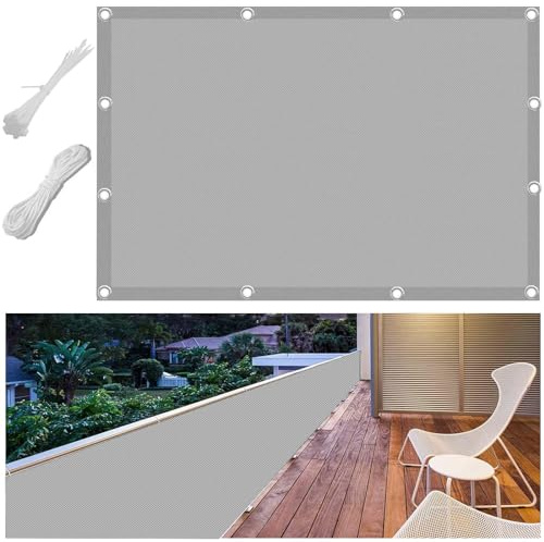 FlySoul Balkon Verkleidung mit Ösen 100x250cm Blickdichte Windschutz Balkon Sicht Schutz Ohne Bohren für Terrasse Garten Zaun Pavillon UV-Schutz Wasserdichtes Polyestergewebe Hellgrau