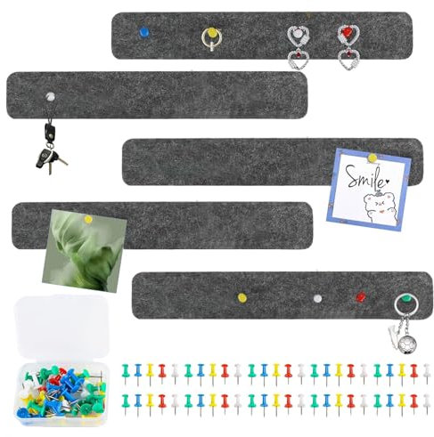 5 Stück Graue Pinnwand Bar Streifen Korkplatte, Kleine Filz Pinnwand Selbstklebend mit 50 pushpins für Foto, Bulletin Tafeln Heimdekoration Wanddeko für Notizen Büro