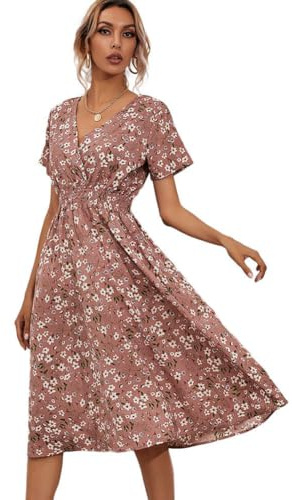 XIVISTO Estivo Vestito Donna Casual con Scollo a V Floreale Abiti Elegante Manica Corta Elastica Vita Alta Boemia Vacanza Abito