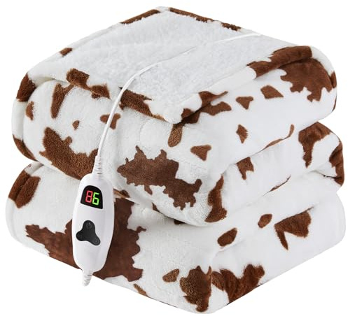 Cow Print Heated Blanket Electric Throw, 50x60 Faux Rabbit Fur Heating Blanket with 10 Heating Levels & 8 Hours Auto Off, Soft Cozy Sherpa Winter Blanket Warmer, Plush Fluffy Warming Gift for Couch