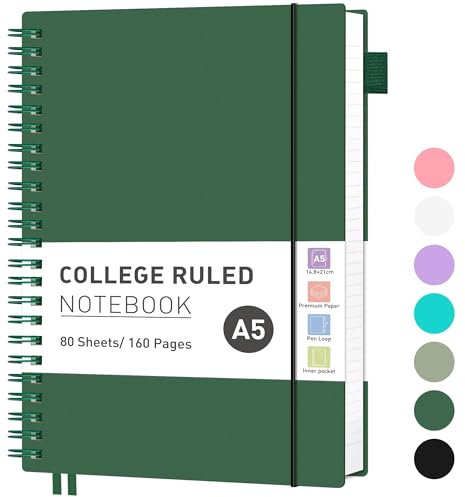 RETTACY Notizbuch A5 Liniert, Leichtgewicht Ringbuch, Tagebuch 80 Blatt / 160 Seiten Zum Schreiben, 100 G/m² College-liniertes Papier, PVC, 14.8 x 21cm - Dunkelgrün