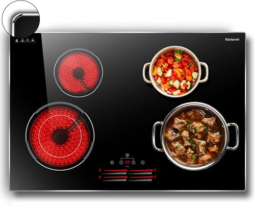 Karienvir Piano Cottura Vetroceramica 4 Fuochi 77 cm, Piano Cottura Elettrico con Zona di espansione,9 livelli di potenza,Controllo a scorrimento, Timer, Blocco di sicurezza