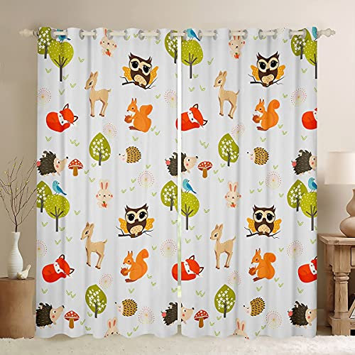 Kinder-Vorhänge mit Cartoon-Tieren, niedlicher Fuchs, Kaninchen, Hirsch, Igel, Eichhörnchen, Fensterbehandlung, Vorhänge für Mädchenzimmer, grün, botanische Heimdekoration, 198 x 137 cm (B x L)