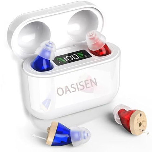 New Generation of Personal Devices with Long-Lasting Charging Case,Digital Rechargeable Noise Cancelling Completely-In-Canal,Charging Case with LED Power,Easy Control (Red Blue)