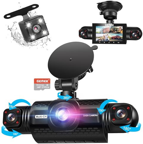 360° View 4 Channel Dash Cam Front and Rear Inside Left Right, GEMEK Dash Camera for Cars FHD 1080P Free 64GB TF Card, Multi-Ch Dash Camera for Cars,Night Vision, 24H Parking Mode