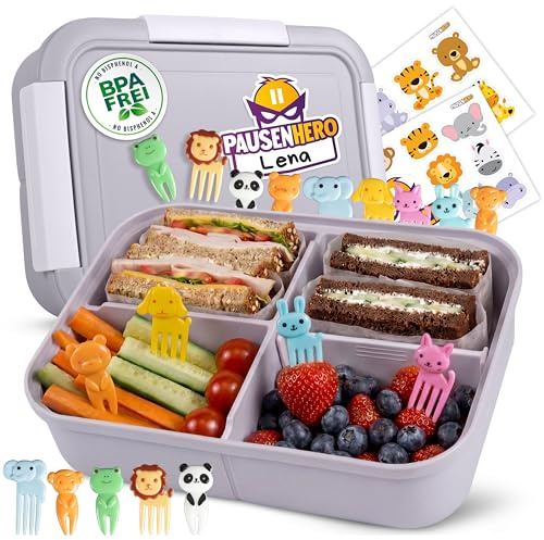 Pausenhero Kinder Brotdose mit Fächern in Grau – auslaufsichere Lunchbox | verstellbares Trennelement, für Schule & Kita, mit Obstgabeln & Stickern, BPA-frei & spülmaschinenfest