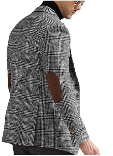 VENNYNG Men's Grey Pinstripe Tweed Blazer Academic Style Suit Jacket with Elbow Patches Plaid Sport Dress Coat Single Breasted L