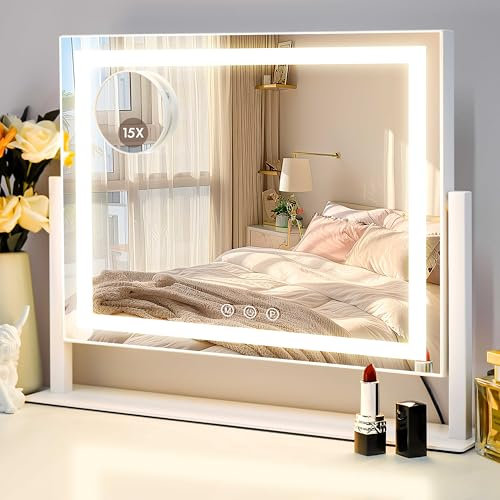 LuxeVue Vanity Mirror with Lights, 40 x 30cm LED Makeup Mirror, Light Up Vanity Mirror with 3 Colors Dimmable Strip Light, Dimming Touch Sensor, Detachable 15X Spot Magnifying, 360 Rotation (White)