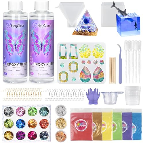 HeyClear Epoxidharz Set mit Formen, 474ml/16oz, Epoxy Resin Transparente für Gießen und Beschichten, Coup de Plongée, Tischplatte, Schmuckherstellung, DIY Handwerkskunst für Anfänger