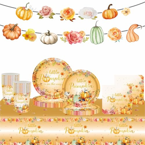 Autumn Thanksgiving Party Kit - 70 Pcs Pumpkin Maple Leaf Printed Tableware Set, Includes Paper Plates, Cups, Napkins, Tablecloth and Banner for Thanksgiving Dinner Decorations, Autumn Table Decor