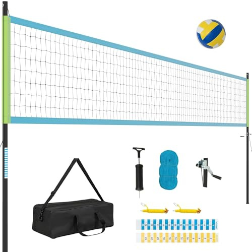 FANTASK Pool Volleyball Netz Outdoor, Volleyballnetz Höhenverstellbar mit Hammer, Pumpe, Ständer, Tragetasche & Volleyball, 9,5 x 1 m tragbare Beachvolleyball für Strand, Garten & Hinterhof