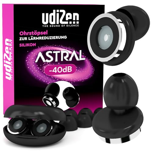 Tapones para los Oídos Reducción de Ruido para Viajar Dormir Estudiar -40dB UdiZen Astral - 1 Par Tapones Ergonómicos Ultra Suaves Reutilizables Cancelación de Ruido SNR 40dB Color Negro con Estuche