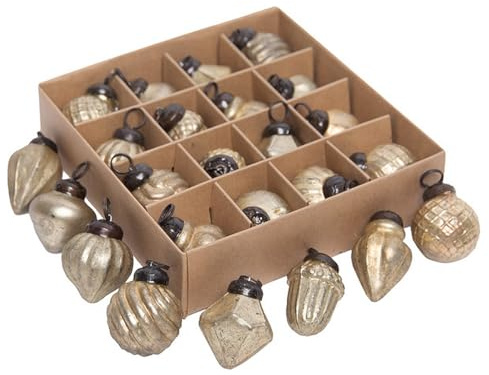 MACOSA SA39327 16er Set Weihnachtskugeln klein 3,5 cm Antik Gold Vintage Deko Glas & Metall Mini Christbaumkugeln in Box Weihnachtsdeko Baum Baumschmuck Kugel Set (Antikgold)