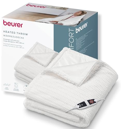 Beurer HD 82 Helsinki, termocoperta ultra soffice in materiale di pregio con 6 livelli di temperatura, con spegnimento automatico e sistema di sicurezza, lavabile in lavatrice a 30 °C, colore bianco