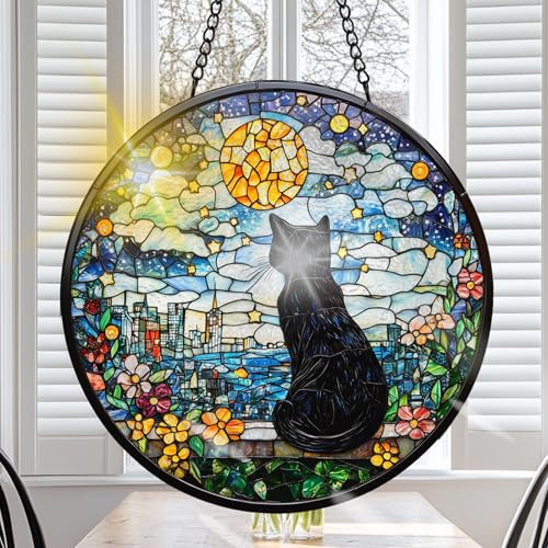 VAIIEYO Sonnenfänger Schwarze Katze, Tiere Sonnenfänger Fenster mit Kette und Haken, Hängende Dekoration für Garten, Balkon, Wohnzimmer und Schlafzimmer, Kreative Geschenkidee, 20x20cm