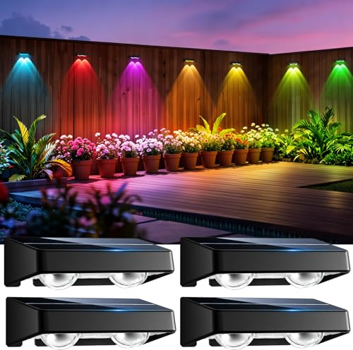 nibuuecer Solar Fence Lights Outdoor, 4 Pack Color-Changing Garden Lights Solar Powered IP65 Waterproof with 9 Colors & 11 Lighting Modes, Dusk to Dawn Solar Wall Lights for Fence, Patio, Deck Decor