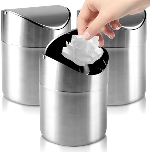 AKOLAFE 3 Stück Tischmülleimer mit Deckel Edelstahl Tischabfalleimer Klein Tischabfallbehälter Schwingdeckel Desktop Papierkorb 12x16CM Tischmülleimer Edelstahl für Schreibtisch Büro Schminktisch