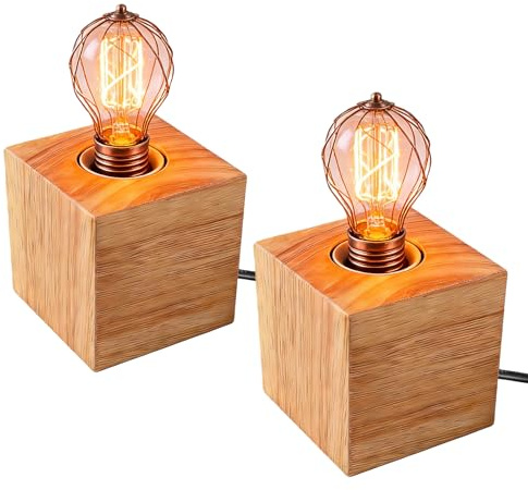 PORFOYO 2 lampade da tavolo in legno, E27, con base in legno, piccola lampada da tavolo, portalampada in legno E27 con interruttore per cavo, per camera da letto, soggiorno, ufficio (senza lampadina)