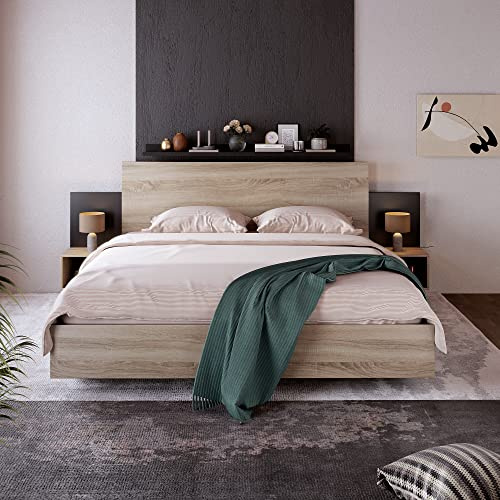 VIVCA Doppelbett Holzbett Bettanlage 160 x 200 cm mit 2 Nachtkommoden Modernes Bett inkl. 2 Nachttischen Schlafzimmer Komplett-205.5x235x76.5 cm(T/B/H) Set in Eiche Sonoma/Dunkelgrau
