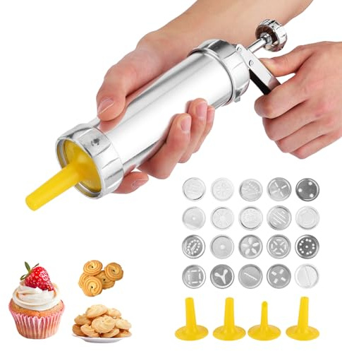 Cookies Press Maker Kit, Biscuit Cookie Press Maker with 20 Cookies Forms and 4 Nozzles Stainless Steel Churro Maker Machine for Cookies Making, Cake Decoration