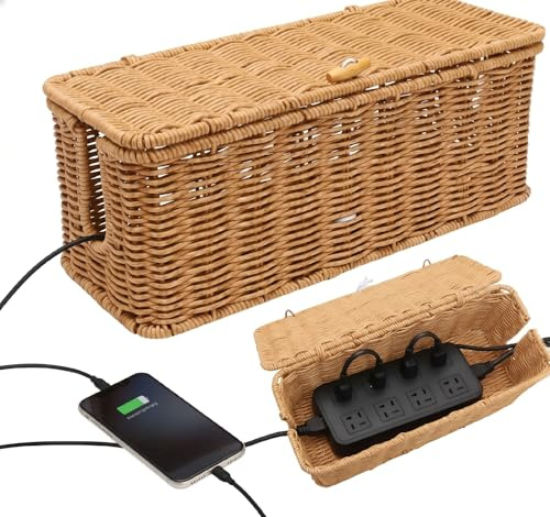 Rattan Kabel Organizer Box,kabelbox, Handgemachte Kabelbox mit Deckel, für Kabelsalat Verstecken Schreibtisch, Tv Drähte Power Stripund Computer, für Haus, Büro(Braun)
