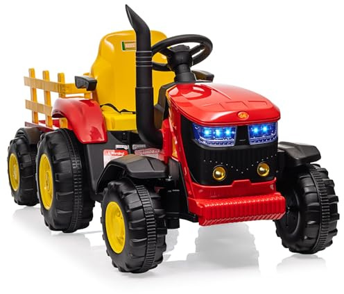 Kids Ride on Tractor with Detachable Trailer, 12V Kids Electric Car with Parental Remote Control, Battery Powered Ride On Toy with Music, Horn, LED Lights, Electric Cars for Kids Aged 3+ Boys Girls -A