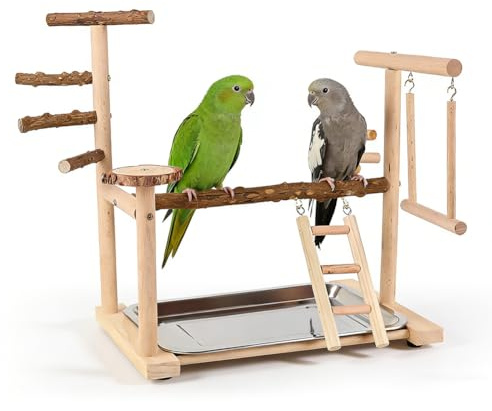 Wellensittich Spielzeug Vogelspielplatz mit Leiter & Schaukel & Tablett Edelstahl, Holz Papageien-Spielständer Vogel Spielständer mit Spielzeug, für Nymphensittiche Vögel Kanarien Wellensittich