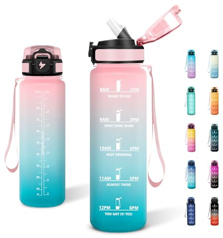 JAPORIA Wasserflasche 1L, Auslaufsicher Trinkflasche mit Strohhalm, Sportflasche mit Zeitmarkierung, Kohlensäure Geeignet, für Reisen, Picknick