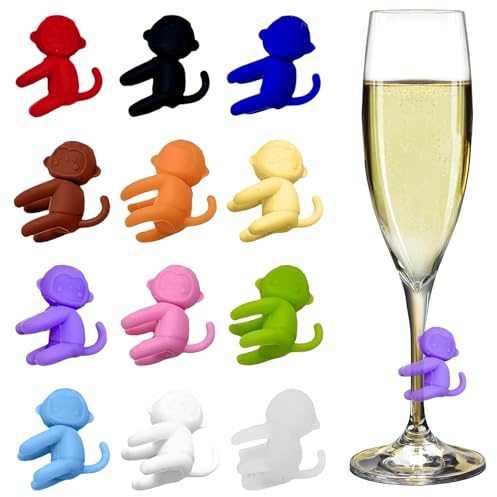 12 Stück Glasmarkierer Silikon in Affen-Form – Bunte Glasmarker zur Glas Markierung Trinkgläser, Wiederverwendbare Weinglas Markierer & Gläser Markierer für Party, Feier und Kindergeburtstag