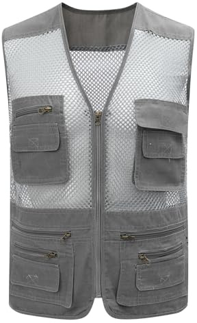 Gihuo Men's Mesh Multi Pockets Outdoor Fishing Safari Travel Vest(Grey-L)