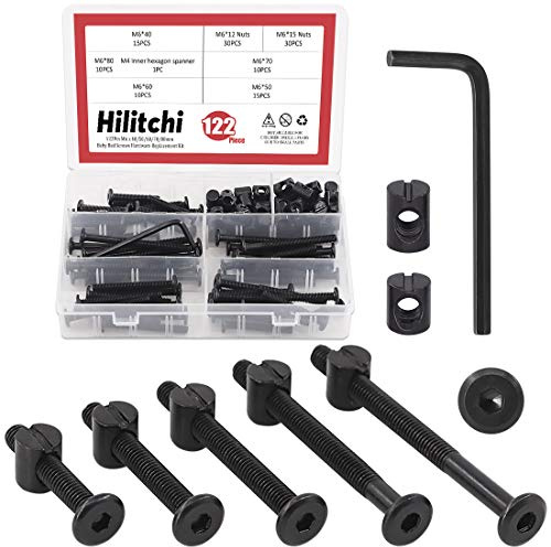 Hilitchi M6 120 Stück schwarze Innensechskantschrauben, Bolzen, Zylindermuttern, Hardware-Sortiment für Kinderbett, Babybett, Möbel, Kinderbetten und Stühle (40 mm/50 mm/60 mm/70 mm/80 mm)