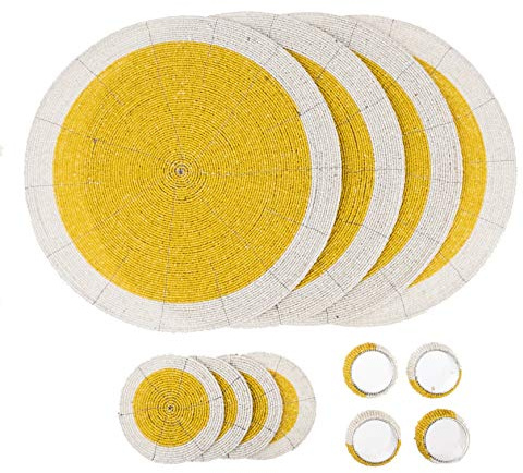 Penguin Home Set mit 12 Glasperlen-Platzsets, Untersetzern und Serviettenringen – gelb und weiß – runde Tischsets – handgefertigt von erfahrenen indischen Kunsthandwerkern – Durchmesser – 32 cm