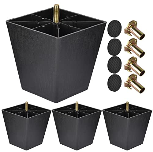 TCHOSUZ 4 Inch Plastic Furniture Legs with Wood Grain, 4-Pack Pyramid Feet | Affordable Plastic Lightweight & Waterproof, M8 bolts+T-nuts+ Pads, Fits Sofa Couch Cabinet, Easy DIY for Rental Apartment
