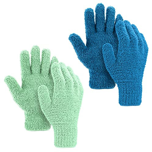 ASTER 2 Pair Winter Microfiber Dusting Gloves - Household Cleaning Gloves for Men & Women - Sky Blue & Green