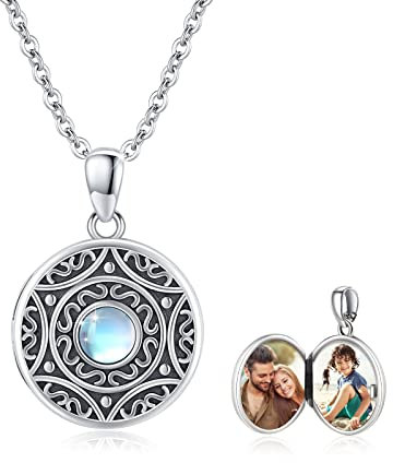 MEDWISE Medaillon Kette mit Bild 925 Sterling Silber Damen Personalisierte Foto Anhänger Halskette Amulett Medaillon zum öffnen für Bilder Photo Mondstein Schmuck Geschenke für Frauen Mädchen