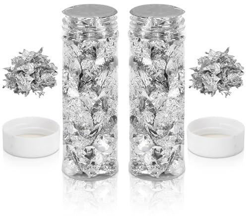 Cyrank 2 Flaschen Blattsilber, Silberfolie, Silbernes Silberfolienpapier, Blattgoldblätter, Blatt Flocken Silbernes Folien, Splitterfolienflocken für Crafts Sprinkles Kuchen Dekoration