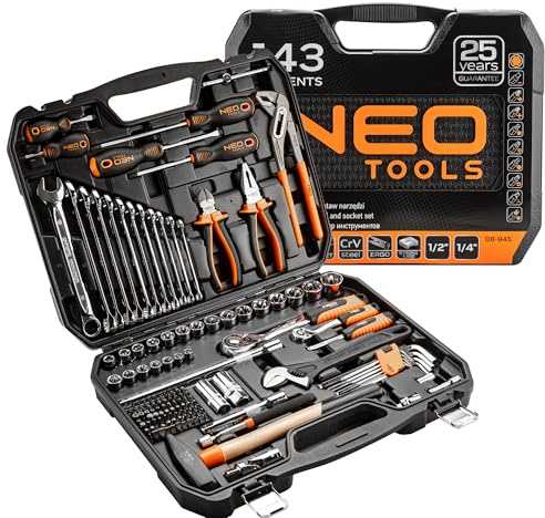 NEO TOOLS Werkzeugsatz 143 Stück, CrV Stahl, Werkzeugstahl, für mechanische | Elektrische, Sanitär- und Haushaltsarbeiten, Stabilen Koffer mit Metallklammern 1/4 Zoll 1/2 Zoll