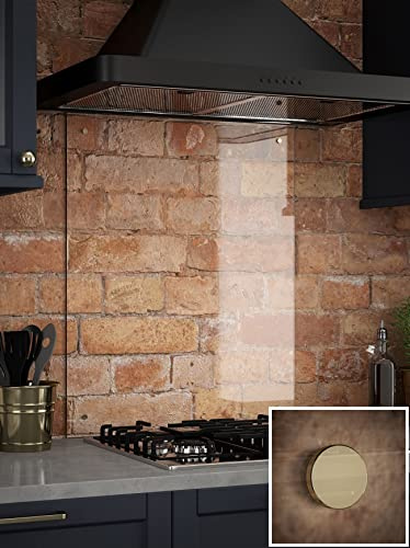 Generic Glass Kitchen Splashback 600mm x 750mm, Clear Glass with Gold Caps | Includes a full fixing kit with gold caps and pre-drilled holes for straightforward, secure mounting over hobs.