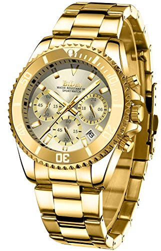 Uhren Herren Edelstahl Chronograph Herrenuhr Wasserdichte Quarz Armbanduhr | 3ATM Wasserdicht Analog Uhr für Business mit Datum, Drehbare Lünette, Leuchtanzeige