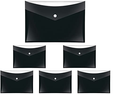VELOFLEX - Dokumententaschen VELOCOLOR DIN A5 Schwarz 6 Stück | Dokumentenechte PP-Folie mit Druckknopf, Zusatzfach auf der Rückseite, für bis zu ca. 100 Blatt 80 g/m²