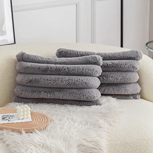 Neelvin 2er Set Plüsch Kissenhülle Kunstpelz Gemütliche Weiche Gestreifte Dekorative Kissenbezug Kissenbezüge Dekokissen Zierkissenbezug Sofakissen Dunkelgrau 30x50 cm für Sofa Schlafzimmer