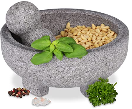 Relaxdays Mortier avec Pilon, en Granite, Robuste, Durable, Rugueux, pour Herbes et épices, H x D : env. 9 x 20 cm, Gris