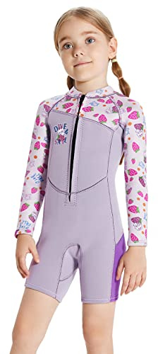 YuanDiann 2,5 mm barn våtdräkt Shorty pojkar flickor långärmad dragkedja fram baddräkt termisk solskydd neopren en del kort simning surfing dykdräkt flicka rosa lila XL