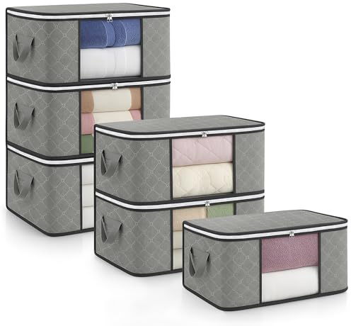 unycos - 6 Pezzi | Scatole per Vestiti 35L, Tessuto con Finestra Trasparente 48x36x20cm, Scatole/Borsa Pieghevoli, Organizzatore Sotto il Letto per Piumini, Asciugamani, Cuscini (Grigio/Nero)